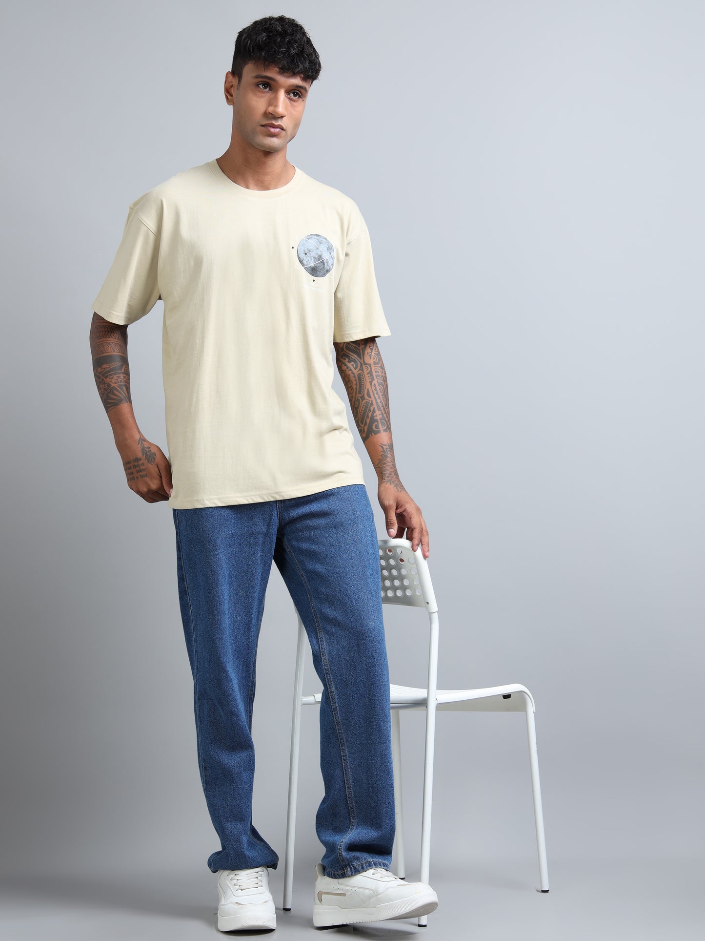 Mens Orbit Moon Graphic Beige Oversized T-Shirt – Pure Cotton Drop Shoulder Tshirt