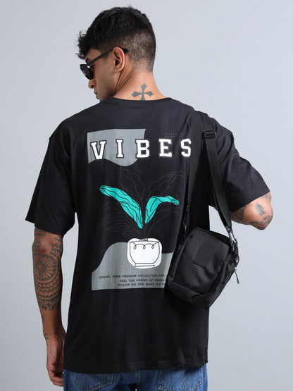 Mens VIBES Black Oversized T-Shirt – Premium Cotton Drop Shoulder | Aesthetic Back Print Streetwear