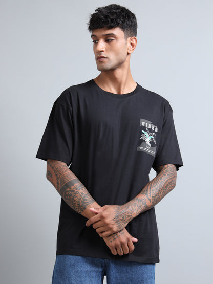 Mens VIBES Black Oversized T-Shirt – Premium Cotton Drop Shoulder | Aesthetic Back Print Streetwear