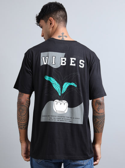 Mens VIBES Black Oversized T-Shirt – Premium Cotton Drop Shoulder | Aesthetic Back Print Streetwear