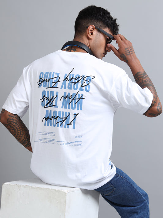 Men White Typography Back Print Oversized Round Neck T-Shirt