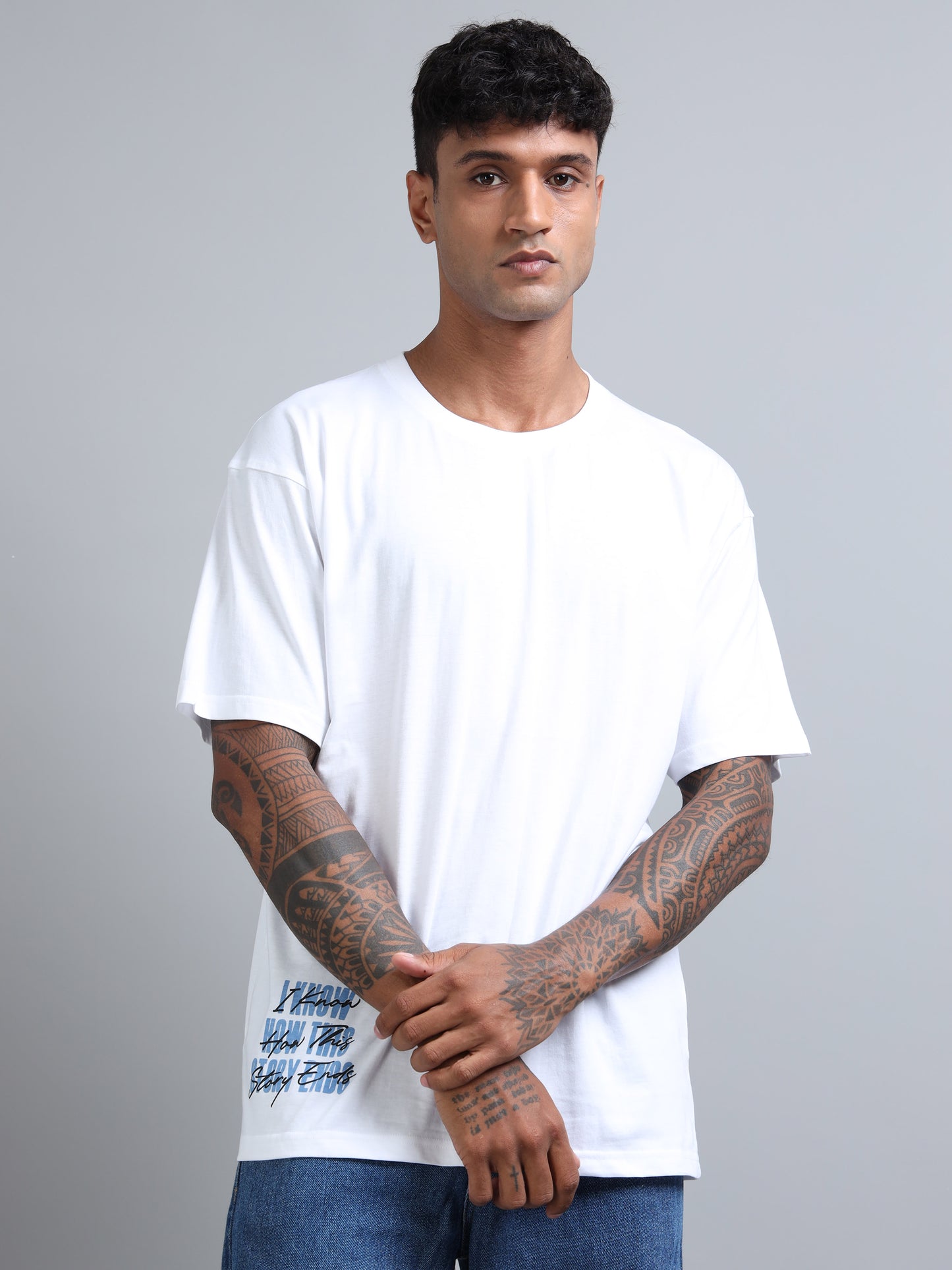 Men White Typography Back Print Oversized Round Neck T-Shirt