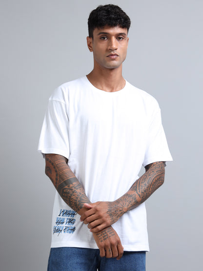 Men White Typography Back Print Oversized Round Neck T-Shirt