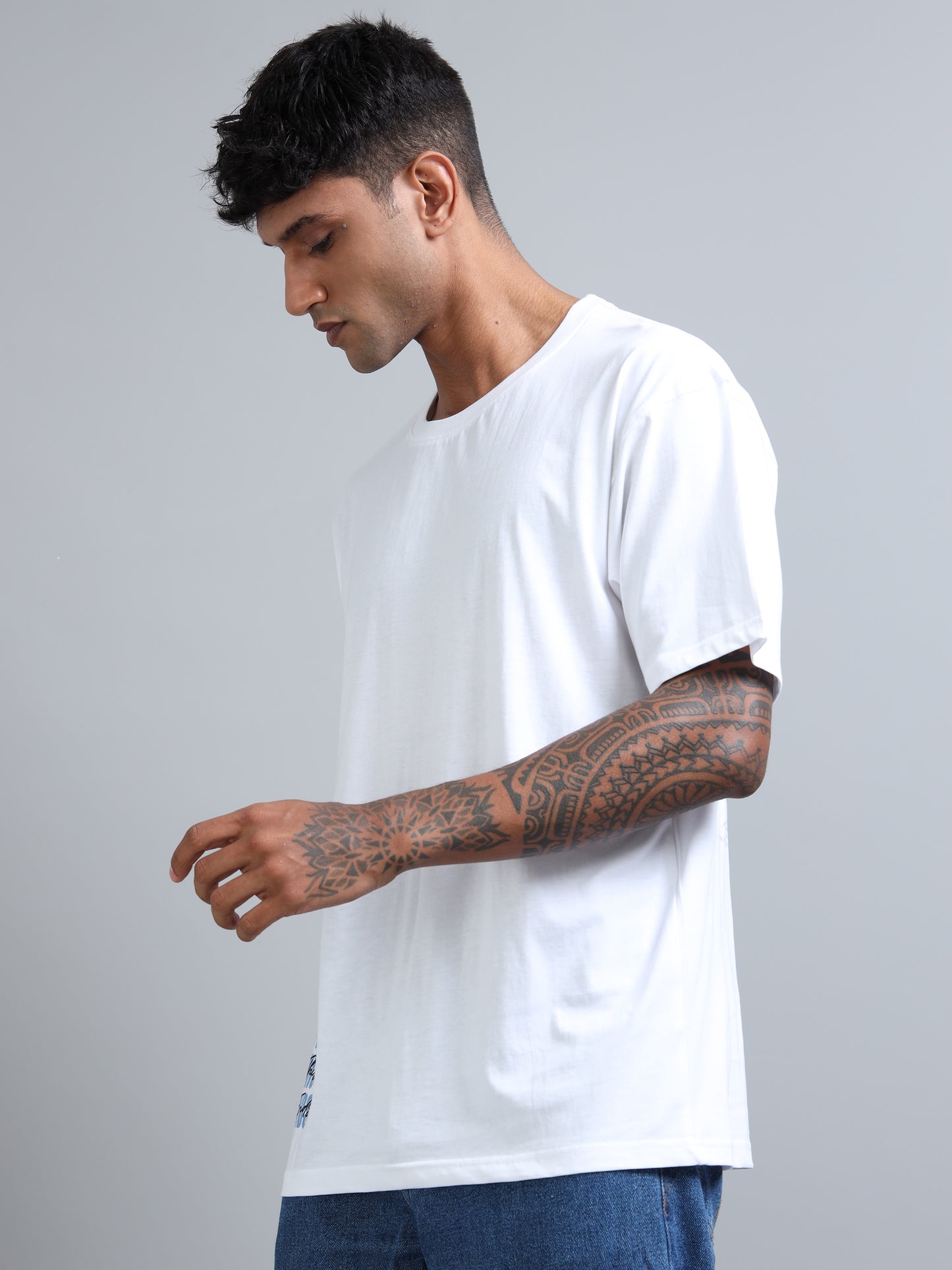 Men White Typography Back Print Oversized Round Neck T-Shirt