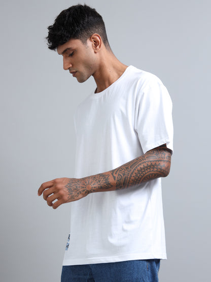 Men White Typography Back Print Oversized Round Neck T-Shirt