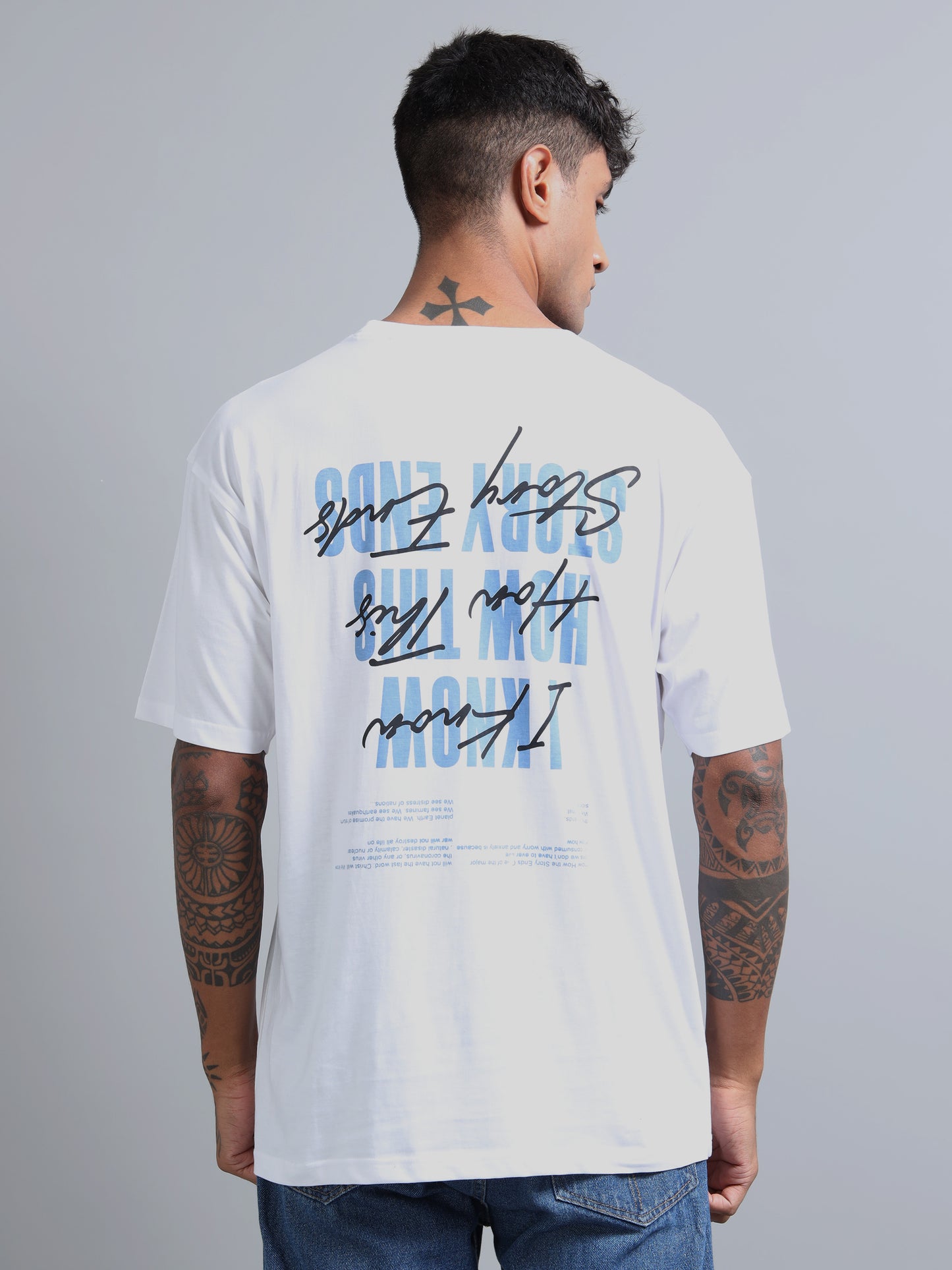 Men White Typography Back Print Oversized Round Neck T-Shirt