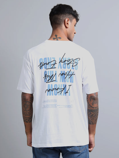 Men White Typography Back Print Oversized Round Neck T-Shirt