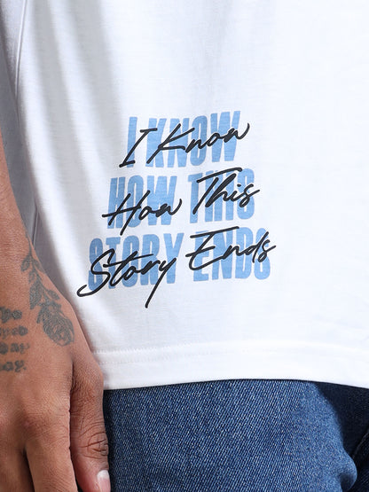 Men White Typography Back Print Oversized Round Neck T-Shirt