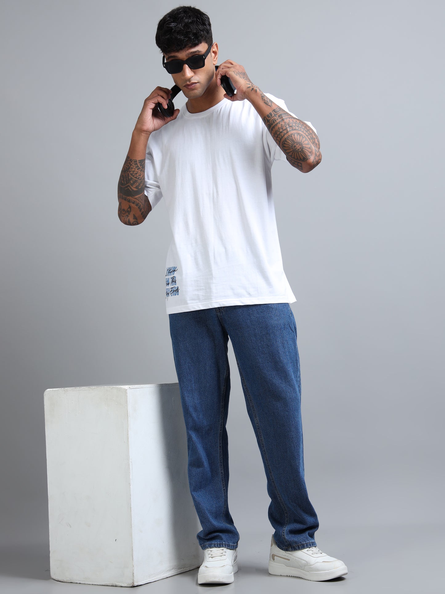 Men White Typography Back Print Oversized Round Neck T-Shirt