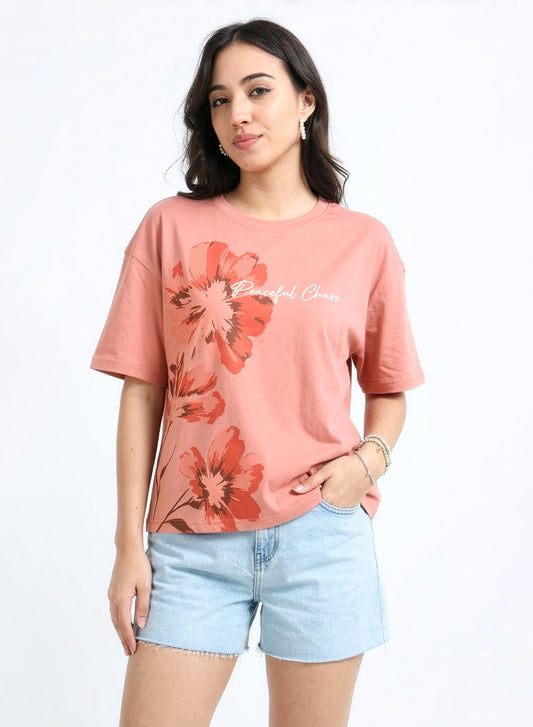 Womens Peach Oversized Floral Graphic T-Shirt – Peaceful Chaos