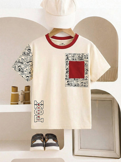 Boys Cartoon Patch Pocket T-Shirt – Colorblock Short Sleeve Graphic Tee