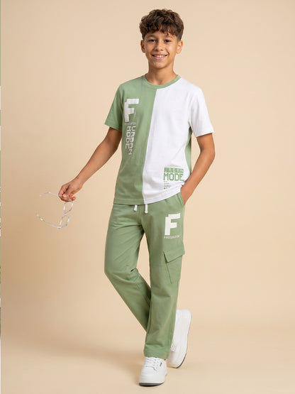 Kids' Sage Green and White Colorblock Graphic T-Shirt and Track Pants Set