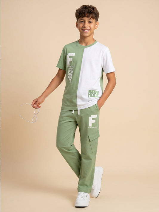 Kids' Sage Green and White Colorblock Graphic T-Shirt and Track Pants Set