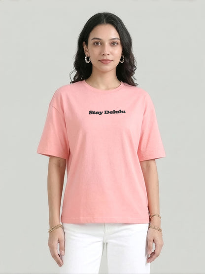 Women’s Oversized Peach Tshirt – Stay Delulu Graphic Tee