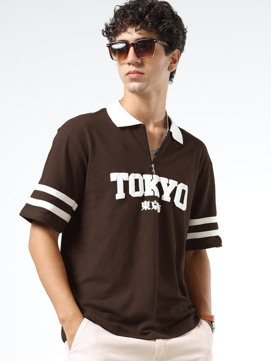 Mens Drop Shoulder Oversized Polo T-Shirt – Tokyo Printed Zipper Polo