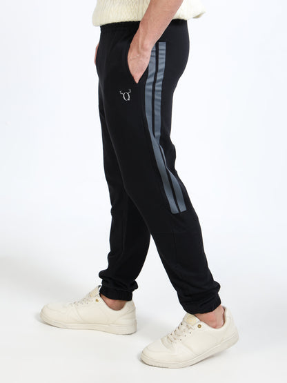 Stylish Men’s Black Joggers | Elasticated Waist & Drawstring | Sporty Side Stripes