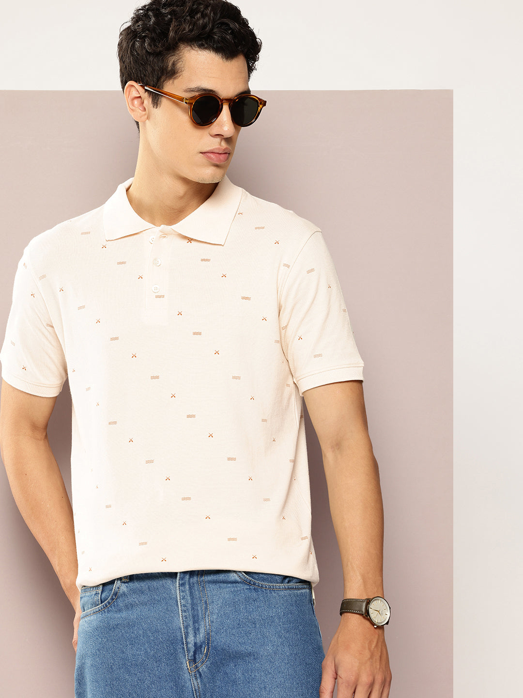 Men’s Cream Micro-Printed Polo T-Shirt