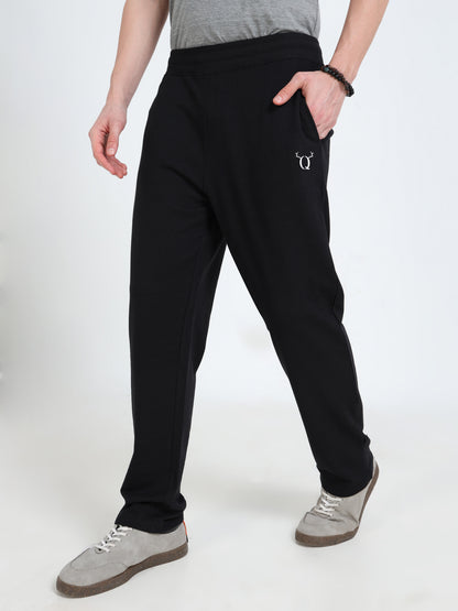 Men’s Black Cotton Blend Track Pants with Minimal Logo | Relaxed Fit Casual Track Pants