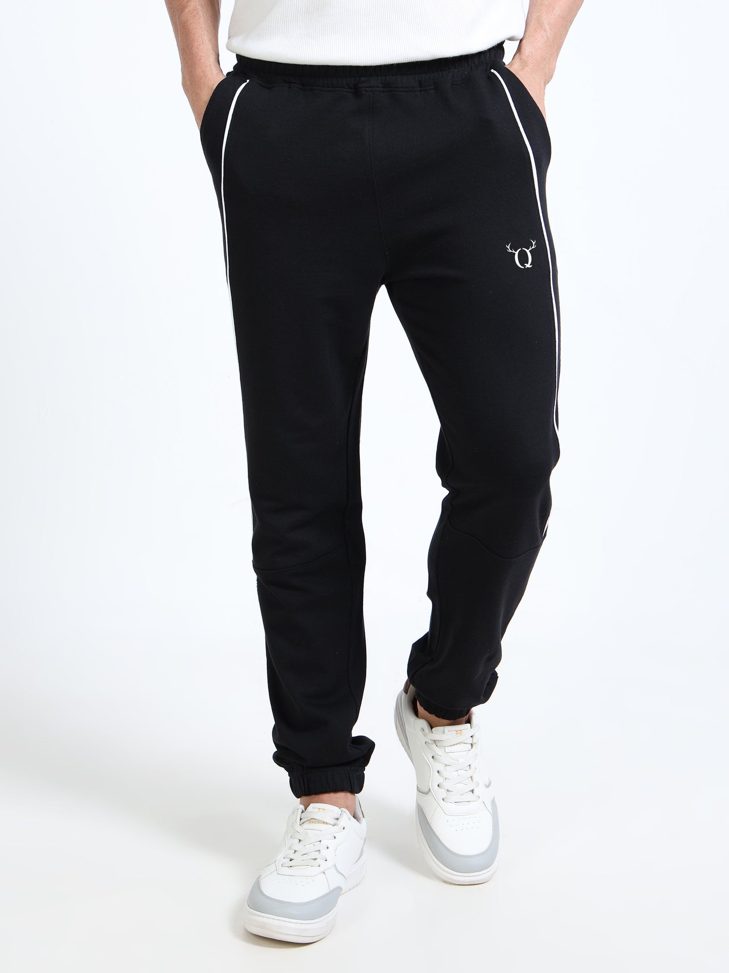 Premium Black Joggers for Men | Cotton Blend | Contrast Piping | Slip-On Closure