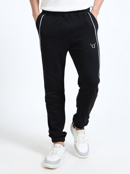 Premium Black Joggers for Men | Cotton Blend | Contrast Piping | Slip-On Closure