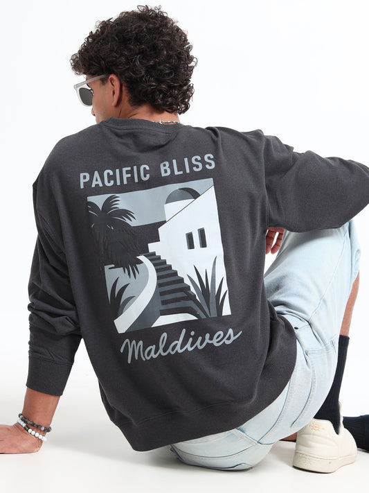 Men’s Charcoal Oversized Sweatshirt | Pacific Bliss Maldives Back Print Crewneck