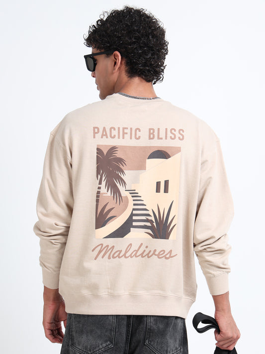 Men’s Beige Oversized Sweatshirt | Pacific Bliss Maldives Back Print Crewneck