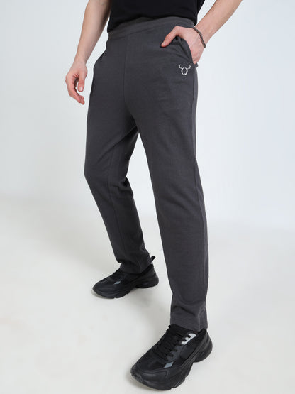 Men’s Steel Grey Cotton Blend Track Pants with Minimal Logo | Relaxed Fit Casual Track Pants