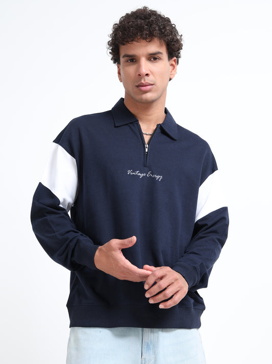 Men’s Navy Blue Half-Zip Sweatshirt | Vintage Energy Printed Oversized Pullover