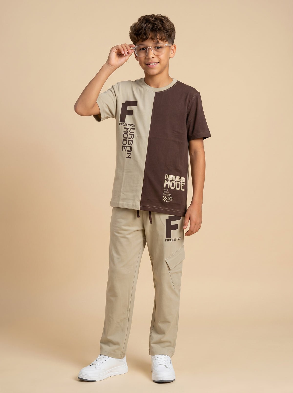 Kids' Beige and Brown Colorblock Graphic T-Shirt and Track Pants Set