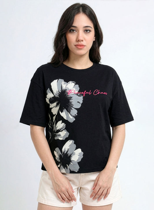 Womens Black Oversized Floral Graphic T-Shirt – Peaceful Chaos