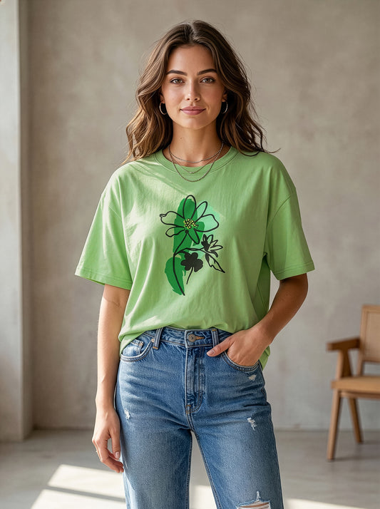 Women’s Oversized Cotton T-Shirt – Floral Print Casual Drop Shoulder Tee