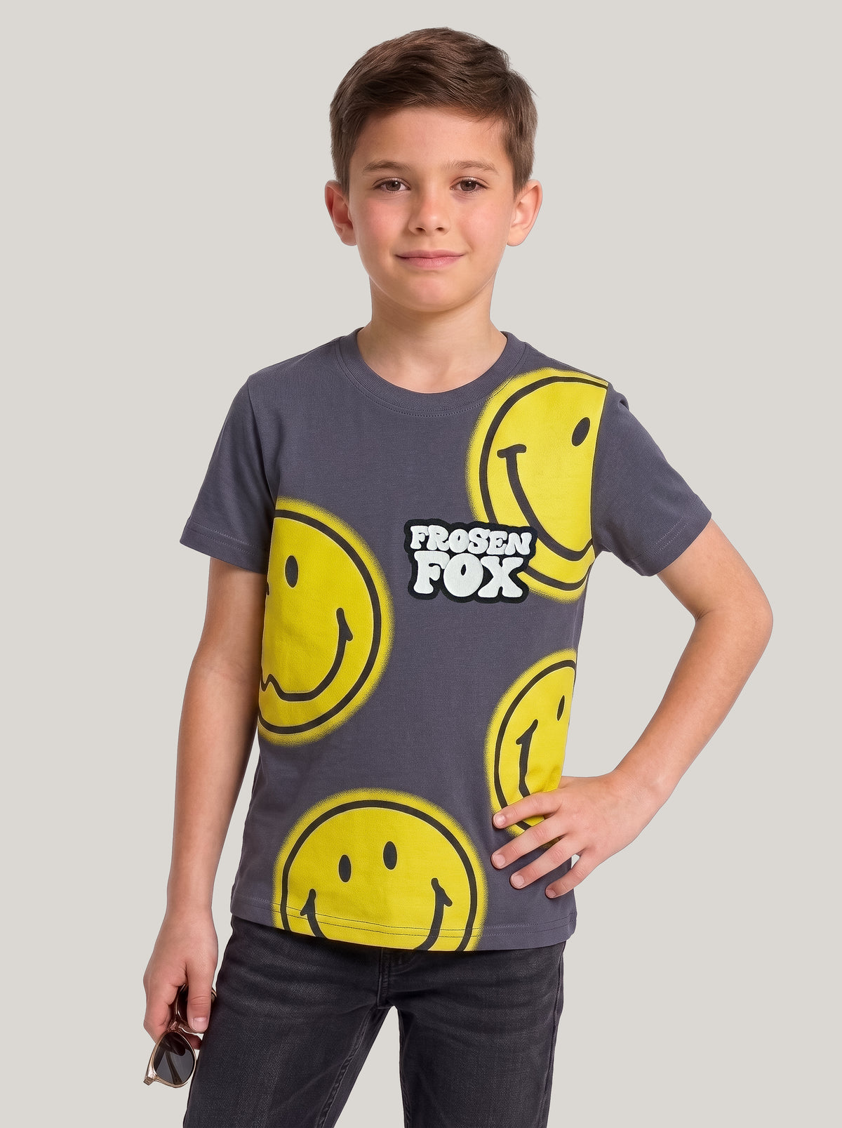 Kids' Charcoal Grey Smiley Graphic Printed T-Shirt | Fun Casual Everyday Wear