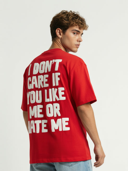 Men’s Oversized Red Graphic T-Shirt – “I Don’t Care” Back Print | Cotton Blend Drop Shoulder Streetwear Tee