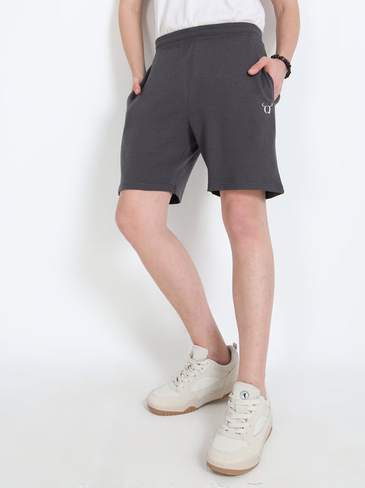 Men’s Steel Grey Cotton Blend Shorts with Minimal Logo | Regular Fit Casual & Athleisure Shorts