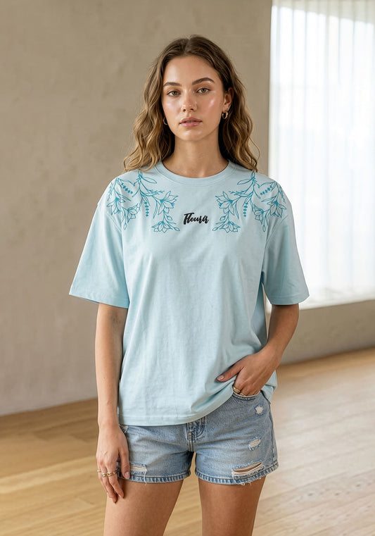 Womens Oversized Sky Blue Graphic T-Shirt – Minimal Botanical Print