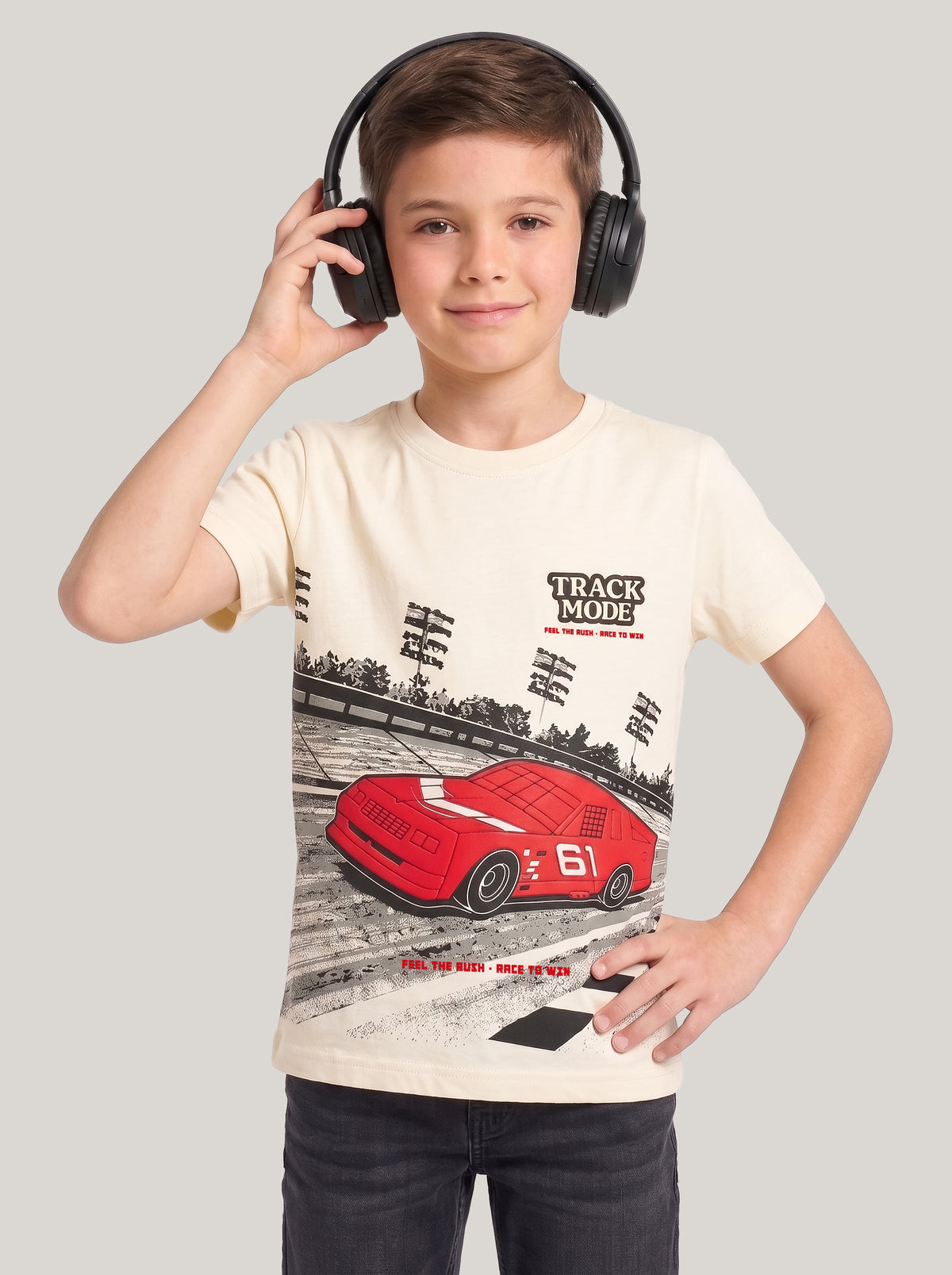 Kids' Cream Racing Car Graphic T-Shirt | Casual Everyday Wear