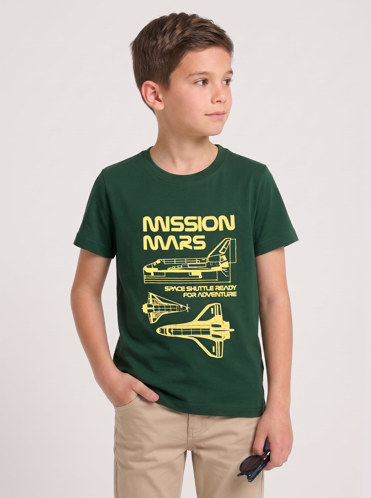 Kids' Dark Green Space Shuttle Graphic Printed T-Shirt | Casual Everyday Wea