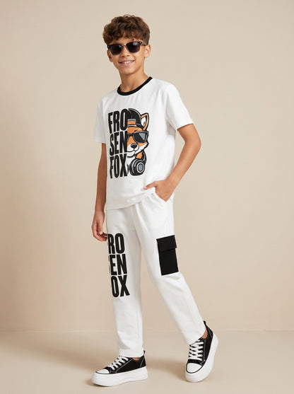 Kids' White "FROSEN FOX" Graphic Printed T-Shirt and Cargo Track Pants Set