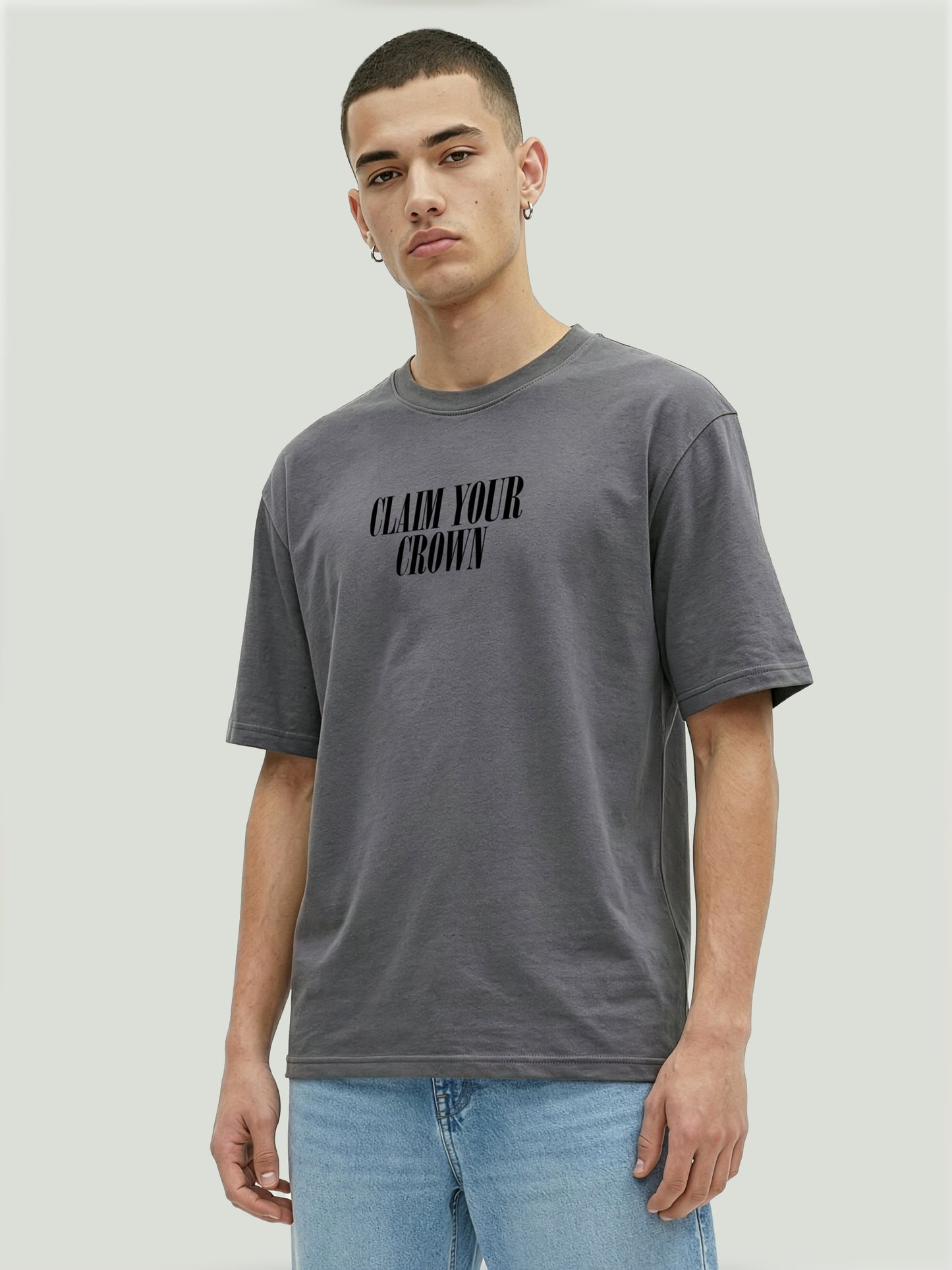 Men’s Oversized Grey Graphic T-Shirt – Crown Chess Back Print |  Cotton Blend Drop Shoulder Streetwear Tee