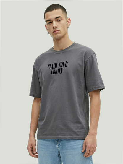 Men’s Oversized Grey Graphic T-Shirt – Crown Chess Back Print |  Cotton Blend Drop Shoulder Streetwear Tee