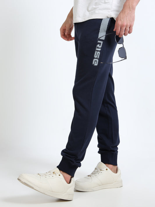 Stylish Men’s Navy Blue Joggers | Printed Design | Mid-Rise | Casual & Gym