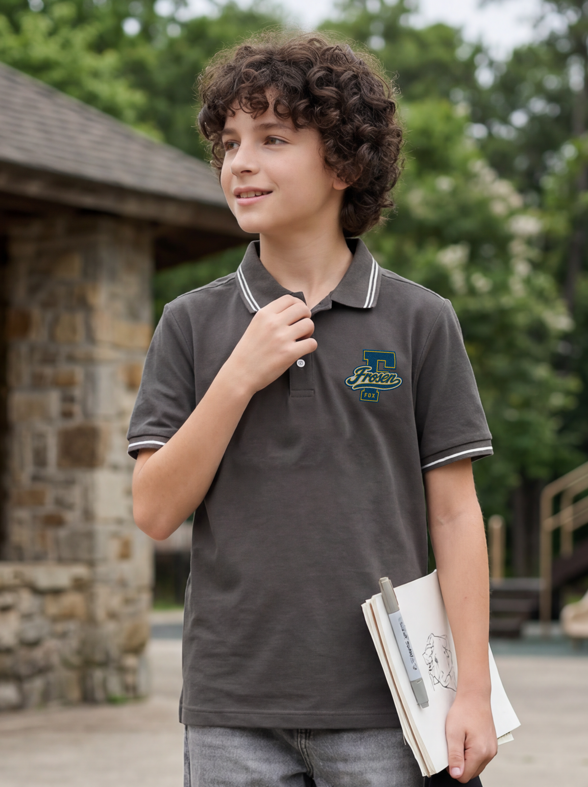 Boys' Charcoal Grey Polo T-Shirt | Contrast Stripe Collar & Chest Graphic