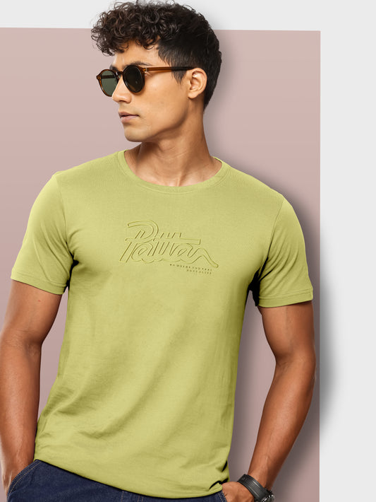 Men Green Solid Embossed Logo Round Neck T-Shirt