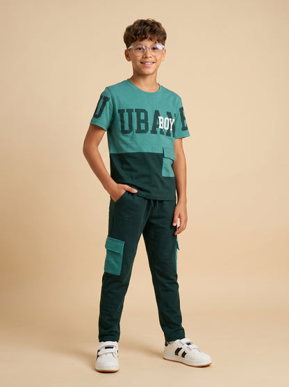 Kids' Teal and Dark Mint Colorblock Graphic T-Shirt and Cargo Track Pants Set