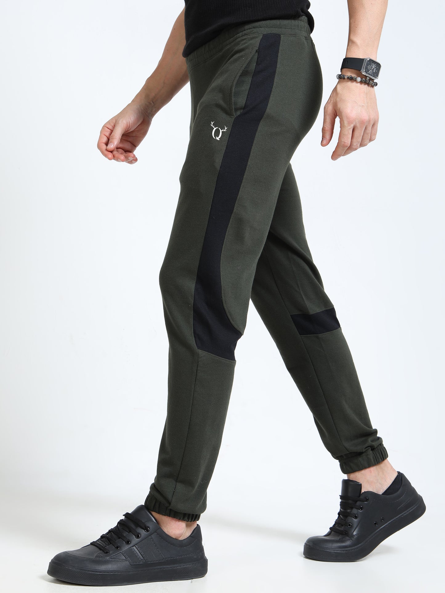 Men’s Olive Cotton Blend Joggers with Black Panel Design | Regular Fit Athleisure Track Pants