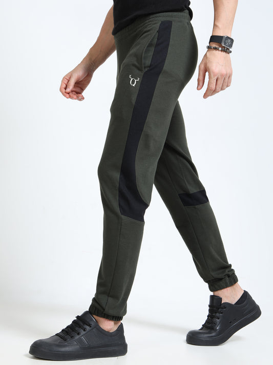 Men’s Olive Cotton Blend Joggers with Black Panel Design | Regular Fit Athleisure Track Pants