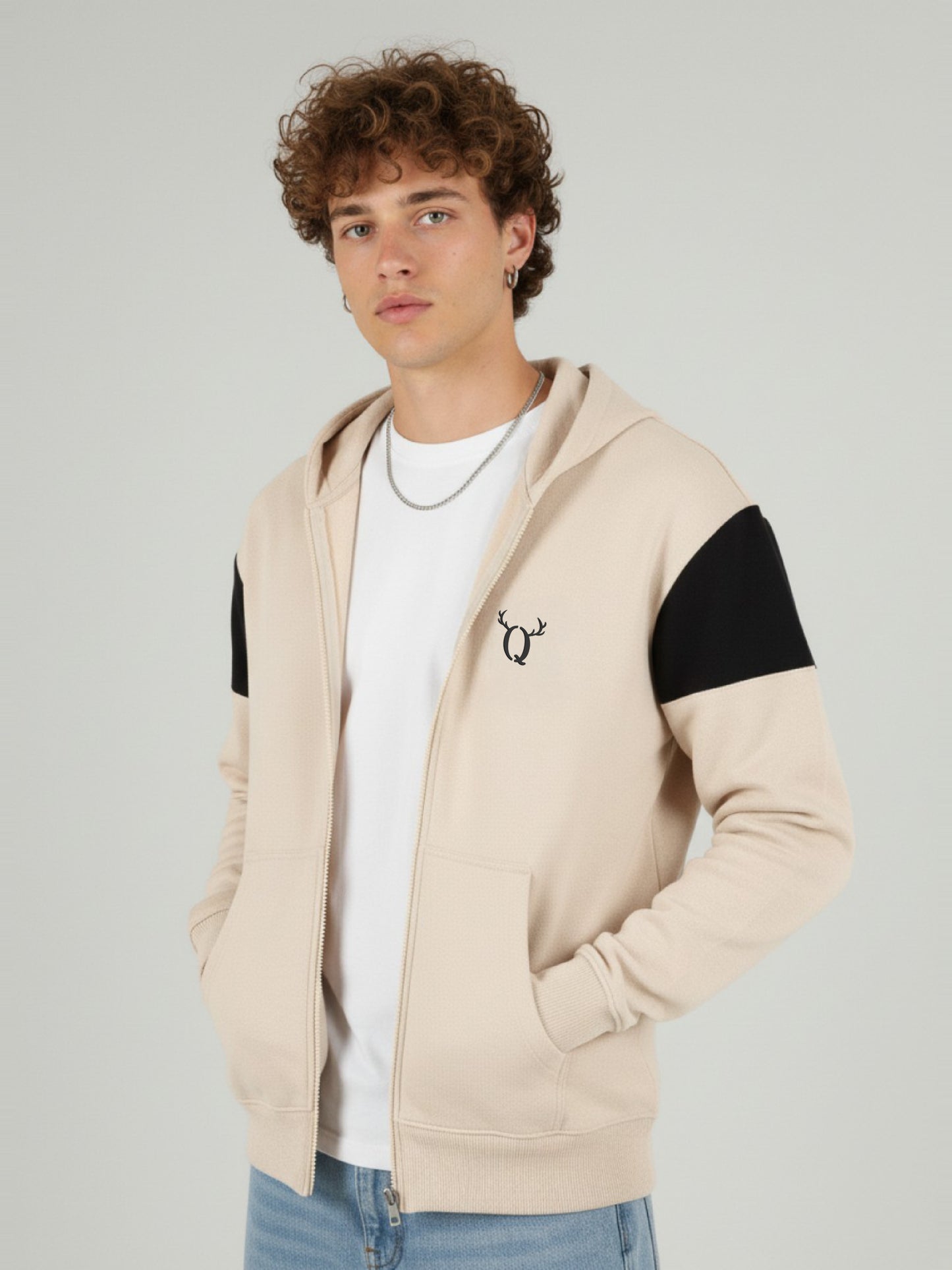 Men’s Beige Hooded Zip-Up Sweatshirt – Casual Cotton Blend Full Sleeve Hoodie Jacket