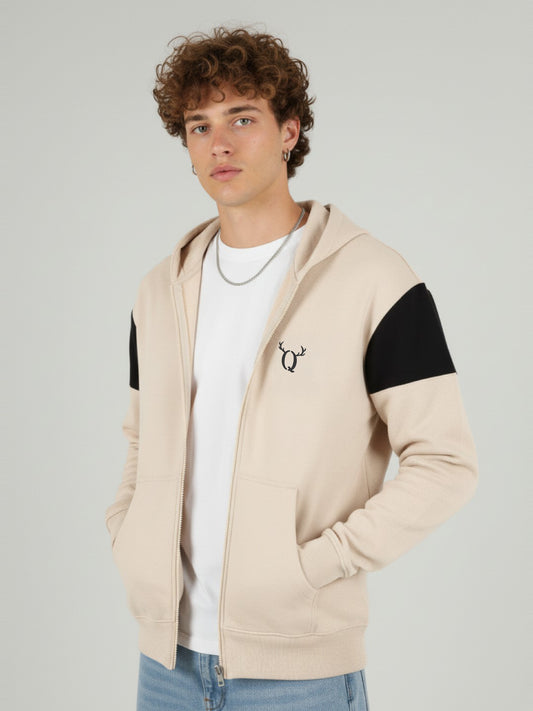 Men’s Beige Hooded Zip-Up Sweatshirt – Casual Cotton Blend Full Sleeve Hoodie Jacket