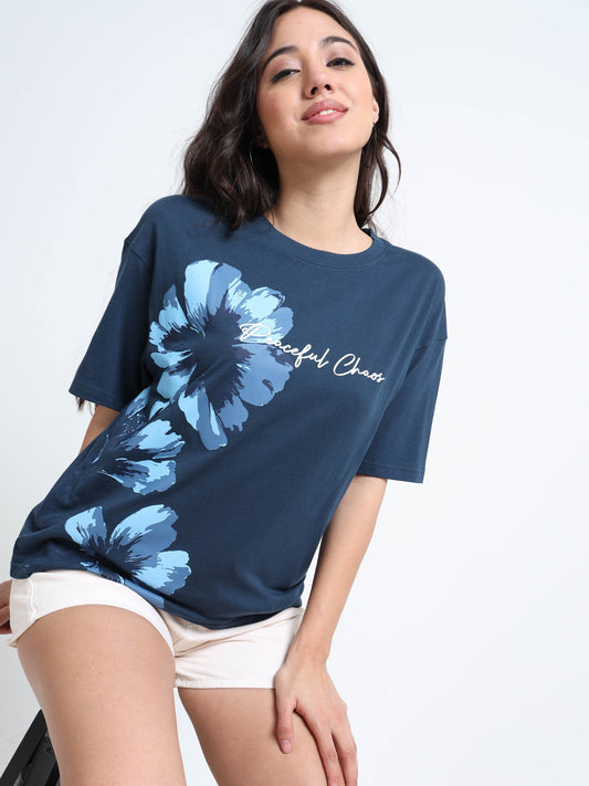 Womens Bottle Green Oversized Floral Graphic T-Shirt – Peaceful Chaos