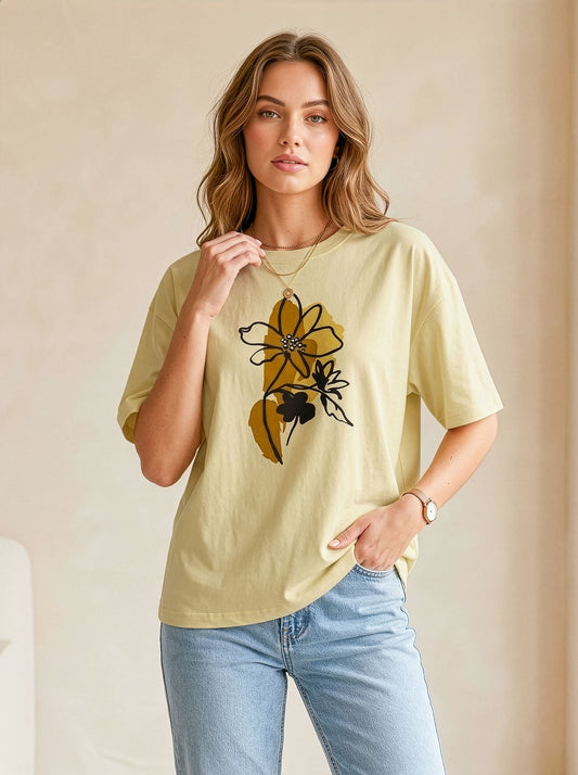 Women Floral Graphic Oversized T-Shirt Cotton Casual Oversized Drop Shoulder Tee